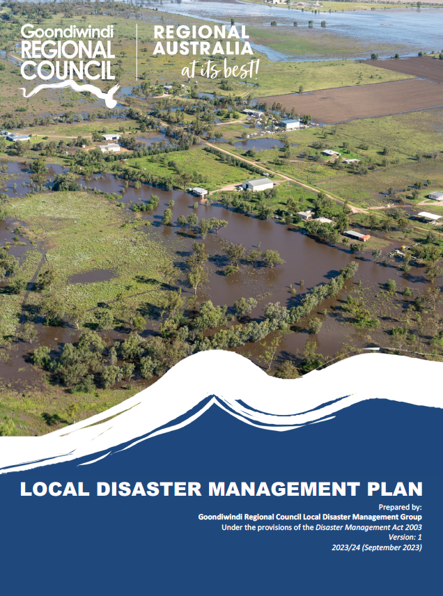 cover of local disaster management plan 2023-24 showing flooded properties near goondiwindi